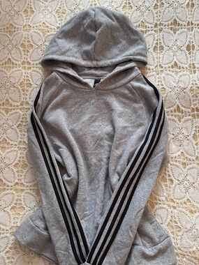 adidas Gray Hooded Sweater with Black Three-Stripe Sleeves